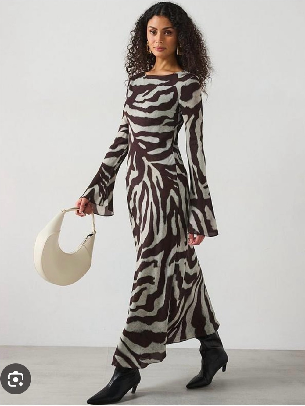 Mango Zebra-Print Long Sleeve Maxi Dress in Brown and Cream